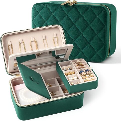 Velvet Travel Jewelry Box with Large Mirror, Double-Layer Jewelry Organizer Case for Women and Girls, Portable Storage Case with 6 Anti-Tarnish Bags Gift Ready for Her (Emerald Green) in Saudi Arabia