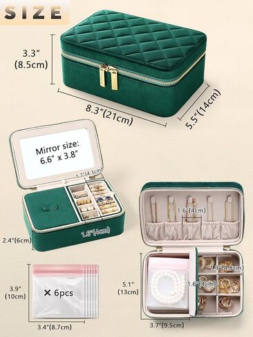 Velvet Travel Jewelry Box with Large Mirror, Double-Layer Jewelry Organizer Case for Women and Girls, Portable Storage Case with 6 Anti-Tarnish Bags Gift Ready for Her (Emerald Green) in Saudi Arabia