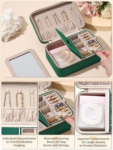 Velvet Travel Jewelry Box with Large Mirror, Double-Layer Jewelry Organizer Case for Women and Girls, Portable Storage Case with 6 Anti-Tarnish Bags Gift Ready for Her (Emerald Green) in Saudi Arabia