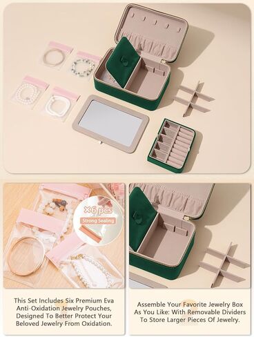 Velvet Travel Jewelry Box with Large Mirror, Double-Layer Jewelry Organizer Case for Women and Girls, Portable Storage Case with 6 Anti-Tarnish Bags Gift Ready for Her (Emerald Green) in Saudi Arabia