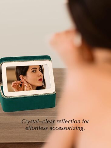 Velvet Travel Jewelry Box with Large Mirror, Double-Layer Jewelry Organizer Case for Women and Girls, Portable Storage Case with 6 Anti-Tarnish Bags Gift Ready for Her (Emerald Green) in Saudi Arabia