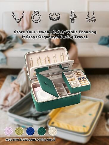 Velvet Travel Jewelry Box with Large Mirror, Double-Layer Jewelry Organizer Case for Women and Girls, Portable Storage Case with 6 Anti-Tarnish Bags Gift Ready for Her (Emerald Green) in Saudi Arabia