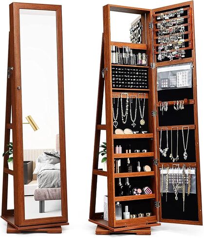 FANTASK 360°Rotating Jewelry Cabinet, Lockable Standing Jewelry Organizer w/Full Length Mirror, Inside Mirror & Rear Storage Shelves, Large Storage Capacity, Jewelry Armoire w/Mirror for Bedroom in Saudi Arabia
