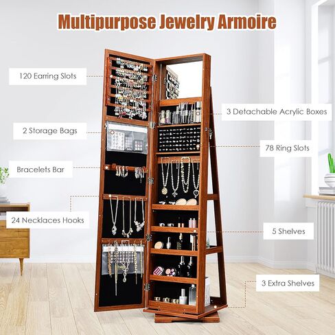 FANTASK 360°Rotating Jewelry Cabinet, Lockable Standing Jewelry Organizer w/Full Length Mirror, Inside Mirror & Rear Storage Shelves, Large Storage Capacity, Jewelry Armoire w/Mirror for Bedroom in Saudi Arabia