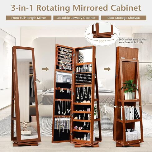 FANTASK 360°Rotating Jewelry Cabinet, Lockable Standing Jewelry Organizer w/Full Length Mirror, Inside Mirror & Rear Storage Shelves, Large Storage Capacity, Jewelry Armoire w/Mirror for Bedroom in Saudi Arabia