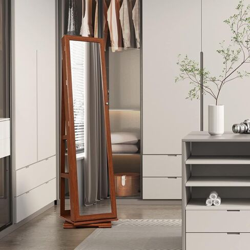 FANTASK 360°Rotating Jewelry Cabinet, Lockable Standing Jewelry Organizer w/Full Length Mirror, Inside Mirror & Rear Storage Shelves, Large Storage Capacity, Jewelry Armoire w/Mirror for Bedroom in Kuwait