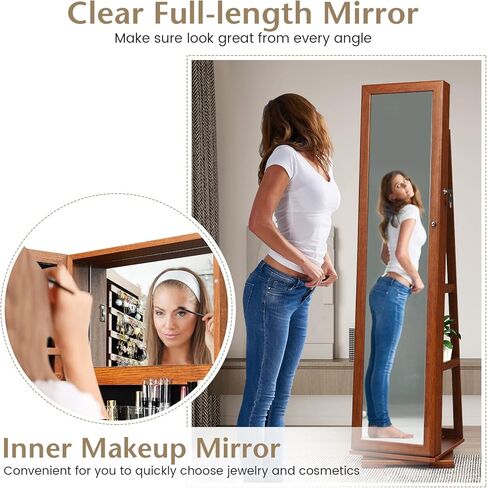 FANTASK 360°Rotating Jewelry Cabinet, Lockable Standing Jewelry Organizer w/Full Length Mirror, Inside Mirror & Rear Storage Shelves, Large Storage Capacity, Jewelry Armoire w/Mirror for Bedroom in Kuwait