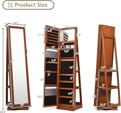 FANTASK 360°Rotating Jewelry Cabinet, Lockable Standing Jewelry Organizer w/Full Length Mirror, Inside Mirror & Rear Storage Shelves, Large Storage Capacity, Jewelry Armoire w/Mirror for Bedroom in Kuwait