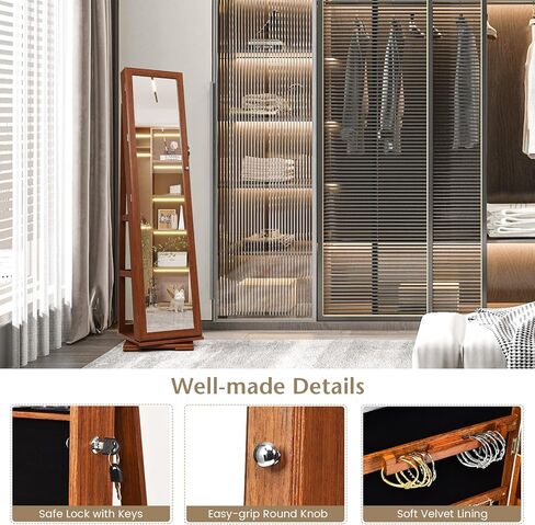 FANTASK 360°Rotating Jewelry Cabinet, Lockable Standing Jewelry Organizer w/Full Length Mirror, Inside Mirror & Rear Storage Shelves, Large Storage Capacity, Jewelry Armoire w/Mirror for Bedroom in Kuwait