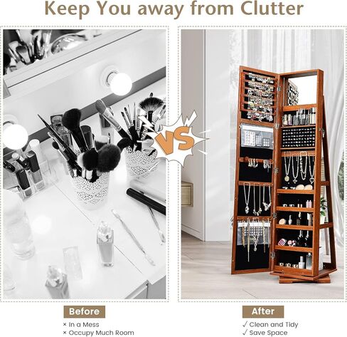 FANTASK 360°Rotating Jewelry Cabinet, Lockable Standing Jewelry Organizer w/Full Length Mirror, Inside Mirror & Rear Storage Shelves, Large Storage Capacity, Jewelry Armoire w/Mirror for Bedroom in Kuwait