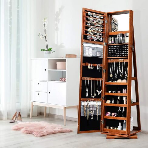FANTASK 360°Rotating Jewelry Cabinet, Lockable Standing Jewelry Organizer w/Full Length Mirror, Inside Mirror & Rear Storage Shelves, Large Storage Capacity, Jewelry Armoire w/Mirror for Bedroom in Kuwait