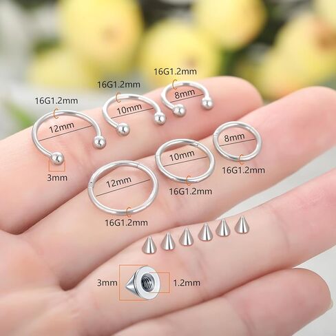 Aumeo 6PCS Nose Septum Ring 16G 18G Surgical Steel Nose Piercing Jewelry 8mm 10mm 12mm Horseshoe Septum Rings Lip Earring Eyebrow Hoop Rings Silver Gold Black in Kuwait