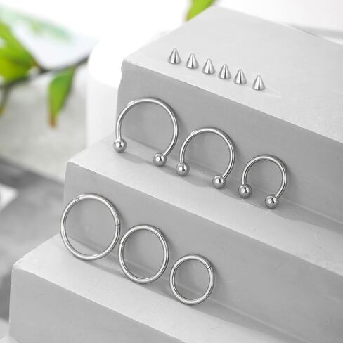 Aumeo 6PCS Nose Septum Ring 16G 18G Surgical Steel Nose Piercing Jewelry 8mm 10mm 12mm Horseshoe Septum Rings Lip Earring Eyebrow Hoop Rings Silver Gold Black in Kuwait