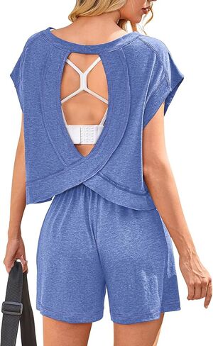 BB&KK Womens 2 Piece Outfits Open Back Crewneck Cap Sleeve Tunic Top Drawstring Short Sets Lounge Athletic Matching Set in Saudi Arabia