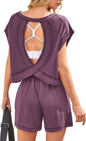 BB&KK Womens 2 Piece Outfits Open Back Crewneck Cap Sleeve Tunic Top Drawstring Short Sets Lounge Athletic Matching Set in Saudi Arabia