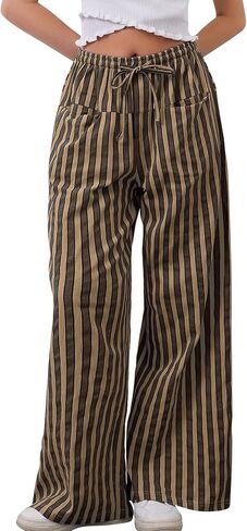 Kissonic Women Striped Pants Casual Drawstring Wide Leg Trousers Loose Lounge Pajama Pants with Pockets in Saudi Arabia