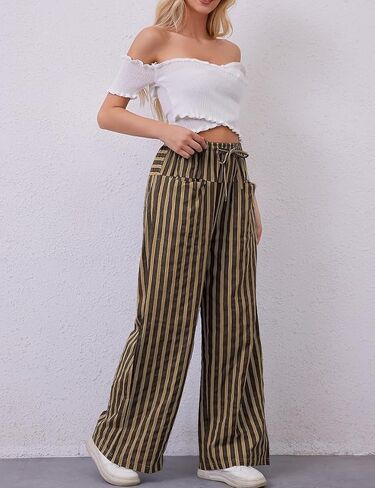 Kissonic Women Striped Pants Casual Drawstring Wide Leg Trousers Loose Lounge Pajama Pants with Pockets in Saudi Arabia