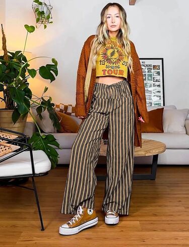 Kissonic Women Striped Pants Casual Drawstring Wide Leg Trousers Loose Lounge Pajama Pants with Pockets in Saudi Arabia