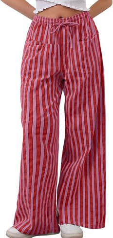 Kissonic Women Striped Pants Casual Drawstring Wide Leg Trousers Loose Lounge Pajama Pants with Pockets in Saudi Arabia