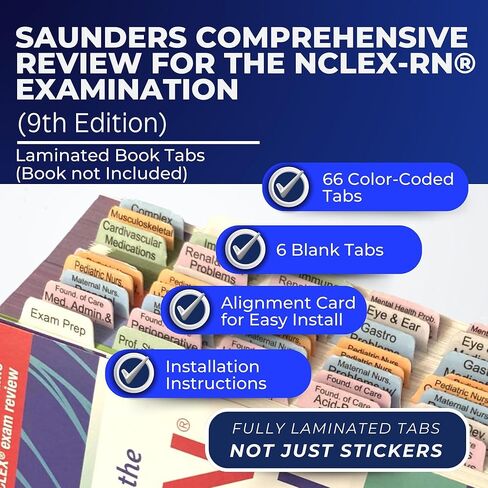 علامات تبويب الكتب لمراجعة سوندرز الشاملة للإصدار التاسع من امتحان NCLEX-RN®. مغلف، مرمز بالألوان، وقابل لإعادة تعيين موضعه (الكتاب غير مضمن) in Kuwait