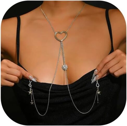 Sexy Star Pendant Non Piercing Nipple Chain Necklace for Women Rhinestone Star Tassel Chest Chain Body Jewelry Festival Rave Heart Nipple Accessories Jewelry in Saudi Arabia