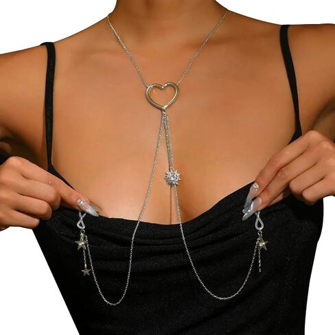 Sexy Star Pendant Non Piercing Nipple Chain Necklace for Women Rhinestone Star Tassel Chest Chain Body Jewelry Festival Rave Heart Nipple Accessories Jewelry in Saudi Arabia