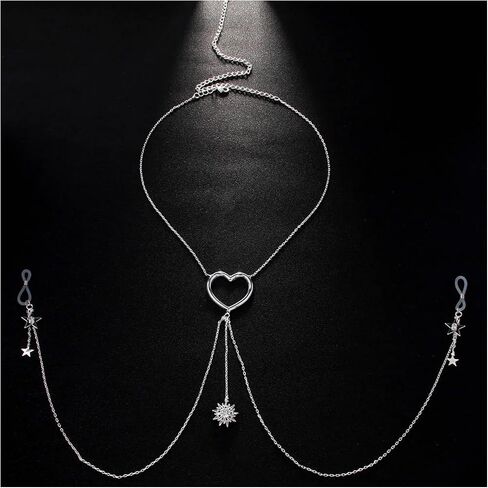 Sexy Star Pendant Non Piercing Nipple Chain Necklace for Women Rhinestone Star Tassel Chest Chain Body Jewelry Festival Rave Heart Nipple Accessories Jewelry in Saudi Arabia