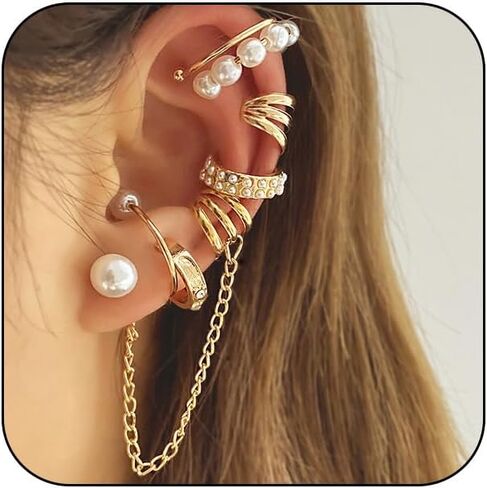 8Pcs Dainty Pearl Chain Ear Cuff Earrings Set for Women, 14K Gold Non Piercing Claw Pearls Beads Statement Earrings Trendy Silver Stack Ear Jewelry in Saudi Arabia