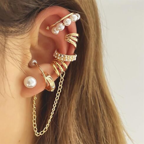 8Pcs Dainty Pearl Chain Ear Cuff Earrings Set for Women, 14K Gold Non Piercing Claw Pearls Beads Statement Earrings Trendy Silver Stack Ear Jewelry in Saudi Arabia
