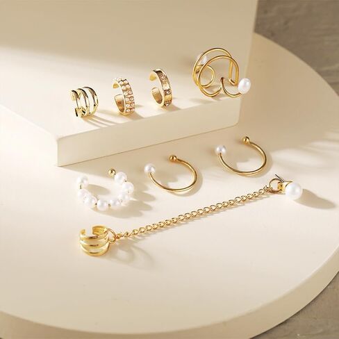 8Pcs Dainty Pearl Chain Ear Cuff Earrings Set for Women, 14K Gold Non Piercing Claw Pearls Beads Statement Earrings Trendy Silver Stack Ear Jewelry in Saudi Arabia