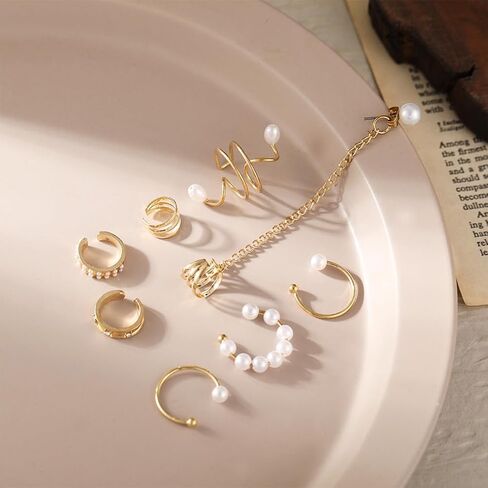 8Pcs Dainty Pearl Chain Ear Cuff Earrings Set for Women, 14K Gold Non Piercing Claw Pearls Beads Statement Earrings Trendy Silver Stack Ear Jewelry in Saudi Arabia