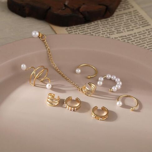 8Pcs Dainty Pearl Chain Ear Cuff Earrings Set for Women, 14K Gold Non Piercing Claw Pearls Beads Statement Earrings Trendy Silver Stack Ear Jewelry in Saudi Arabia