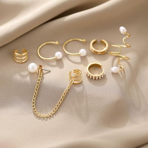 8Pcs Dainty Pearl Chain Ear Cuff Earrings Set for Women, 14K Gold Non Piercing Claw Pearls Beads Statement Earrings Trendy Silver Stack Ear Jewelry in Saudi Arabia