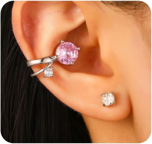 2Pcs Silver Ear Cuff Earrings for Women Non Piercing Cubic Zirconia Clip on Earrings Piercing Hypoallergenic Rhinestone Stud Earring Jewelry Gifts in Saudi Arabia