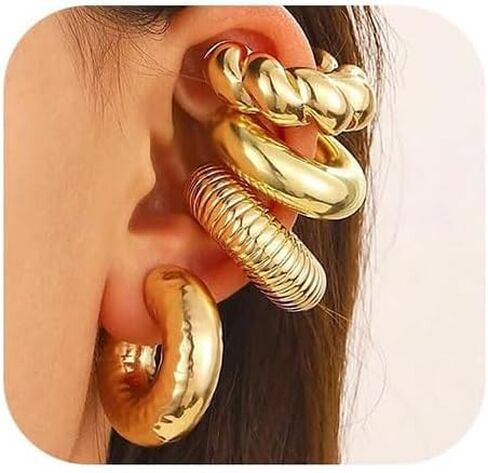 4 Pcs Chunky Ear Cuffs Earrings Gold Silver Ear Cuffs Non Piercing Hoop Earring For Women Clip On Cartilage Wrap Cuff Earrings in Saudi Arabia