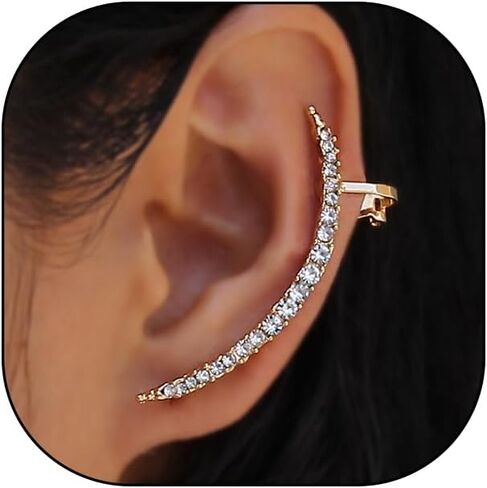 Boho Rhinestone Ear Cuff Earrings for Women Sparkling Long Crystal Wrap Climber Earrings Minimalist Non Piercing Earrings Charm Jewelry Accessories in Kuwait