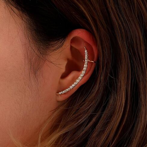 Boho Rhinestone Ear Cuff Earrings for Women Sparkling Long Crystal Wrap Climber Earrings Minimalist Non Piercing Earrings Charm Jewelry Accessories in Kuwait