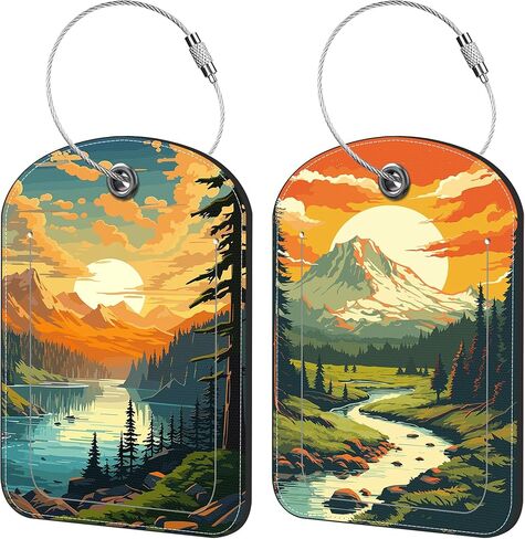 Vintage Mountain and Lake Luggage Tag for Suitcase Set of 2 PU Leather Cute Luggage Tags with Stainless Metal Loop ID Label Privacy Flap Suitcase Tags for Women and Men Travel in Saudi Arabia