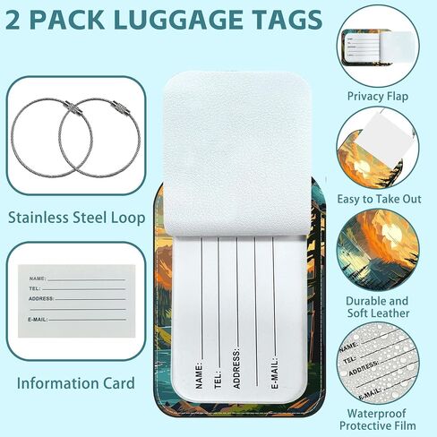 Vintage Mountain and Lake Luggage Tag for Suitcase Set of 2 PU Leather Cute Luggage Tags with Stainless Metal Loop ID Label Privacy Flap Suitcase Tags for Women and Men Travel in Saudi Arabia