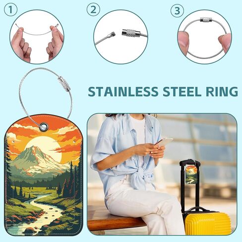 Vintage Mountain and Lake Luggage Tag for Suitcase Set of 2 PU Leather Cute Luggage Tags with Stainless Metal Loop ID Label Privacy Flap Suitcase Tags for Women and Men Travel in Saudi Arabia