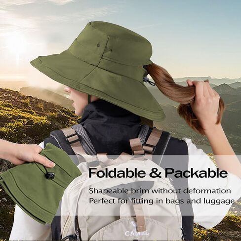 Wide Brim Sun Hat for Women, Ponytail UPF 80+ UV Protection Waterproof Packable Bucket Hat, Fishing Hiking Beach Garden in Kuwait