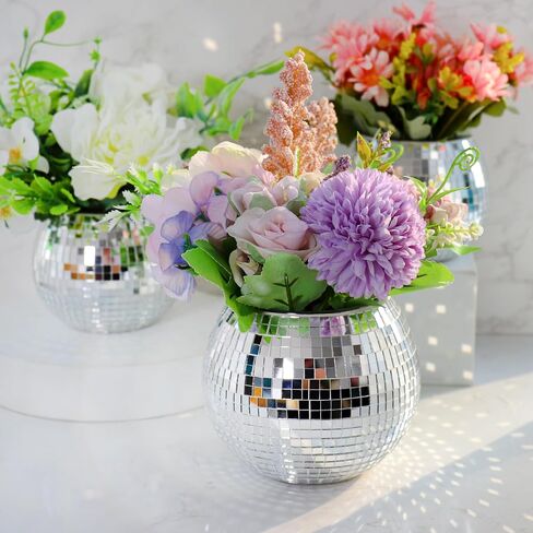 Disco Ball Planter, Disco Ball Vase, Flower Pot Containers with Silver Mirror Glass for Wedding, Birthday, Party, Bar, Office (Silver, 4 * 5 * 5 inch) in Saudi Arabia