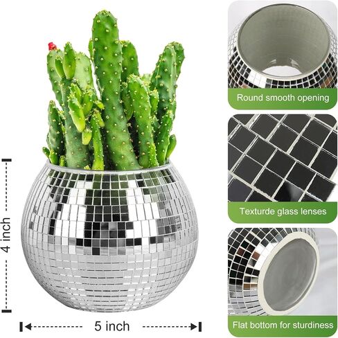 Disco Ball Planter, Disco Ball Vase, Flower Pot Containers with Silver Mirror Glass for Wedding, Birthday, Party, Bar, Office (Silver, 4 * 5 * 5 inch) in Saudi Arabia
