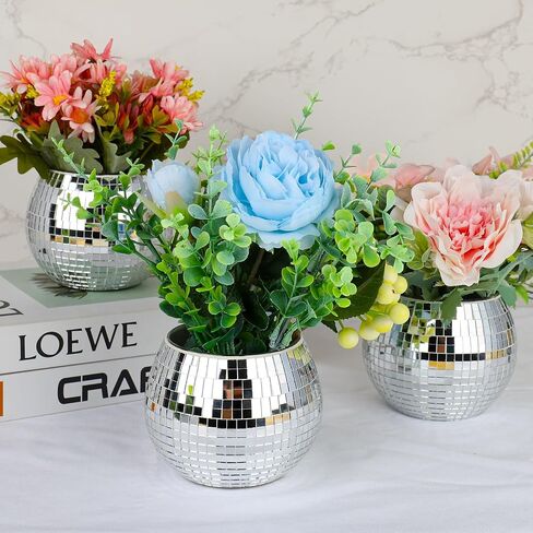 Disco Ball Planter, Disco Ball Vase, Flower Pot Containers with Silver Mirror Glass for Wedding, Birthday, Party, Bar, Office (Silver, 4 * 5 * 5 inch) in Saudi Arabia