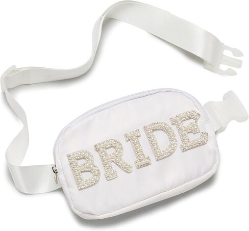 Funky Junque Bride Fanny Pack with Pearl Lettering | White Belt Bag Crossbody for Bachelorette Party, Bridal Shower, Engagement Gift & Travel - Bride (White) in Kuwait