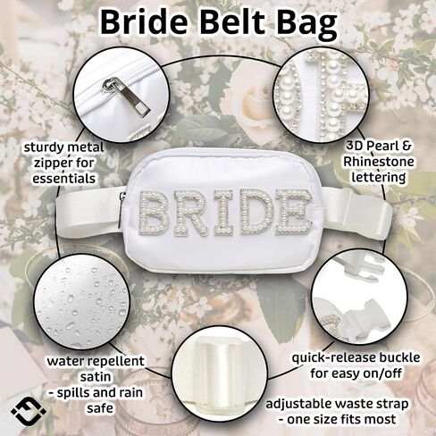 Funky Junque Bride Fanny Pack with Pearl Lettering | White Belt Bag Crossbody for Bachelorette Party, Bridal Shower, Engagement Gift & Travel - Bride (White) in Kuwait