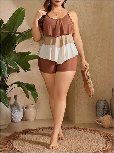 Verdusa Women's Plus Size 2 Piece Colorblock Tankini Set Ruffle Layered Cami Top with Shorts in Saudi Arabia