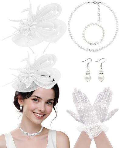 1920s Vintage Fascinators Hats for Women Bunny Veil Hat Lace Gloves Spring Cocktail Tea Party Wedding Halloween in Kuwait