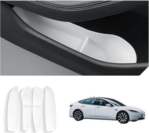 4PCS Door Side Organizer Tray Fit for Tesla Model 3 Highland 2024, 4PCS Full-Cover TPE Front and Rear Door Slot Storage Tray Pockets Protector Liner Accessories (White) in Saudi Arabia