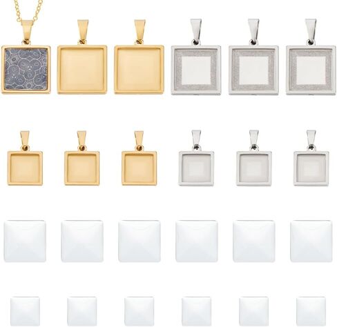 UNICRAFTALE 12 Sets 4 Sizes Stainless Steel DIY Blank Square Cabochon Settings Blank Dome Bezel Tray Charms with Glass Cabochons Blank Bezel Pendant Making Kit for Jewelry Making 10/15/20/25mm in Saudi Arabia